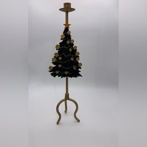 VTG. Gold & Green FolkArt 18” Iron Tripod Candlestick Holder With Christmas Tree